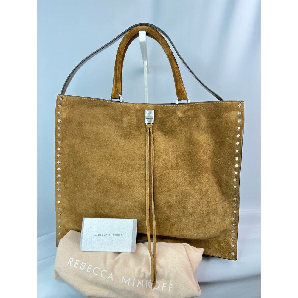 NWT Rebecca Minkoff Darren Studded Suede Tote Bag Tan Whiskey Leather Carryall - Picture 2 of 11